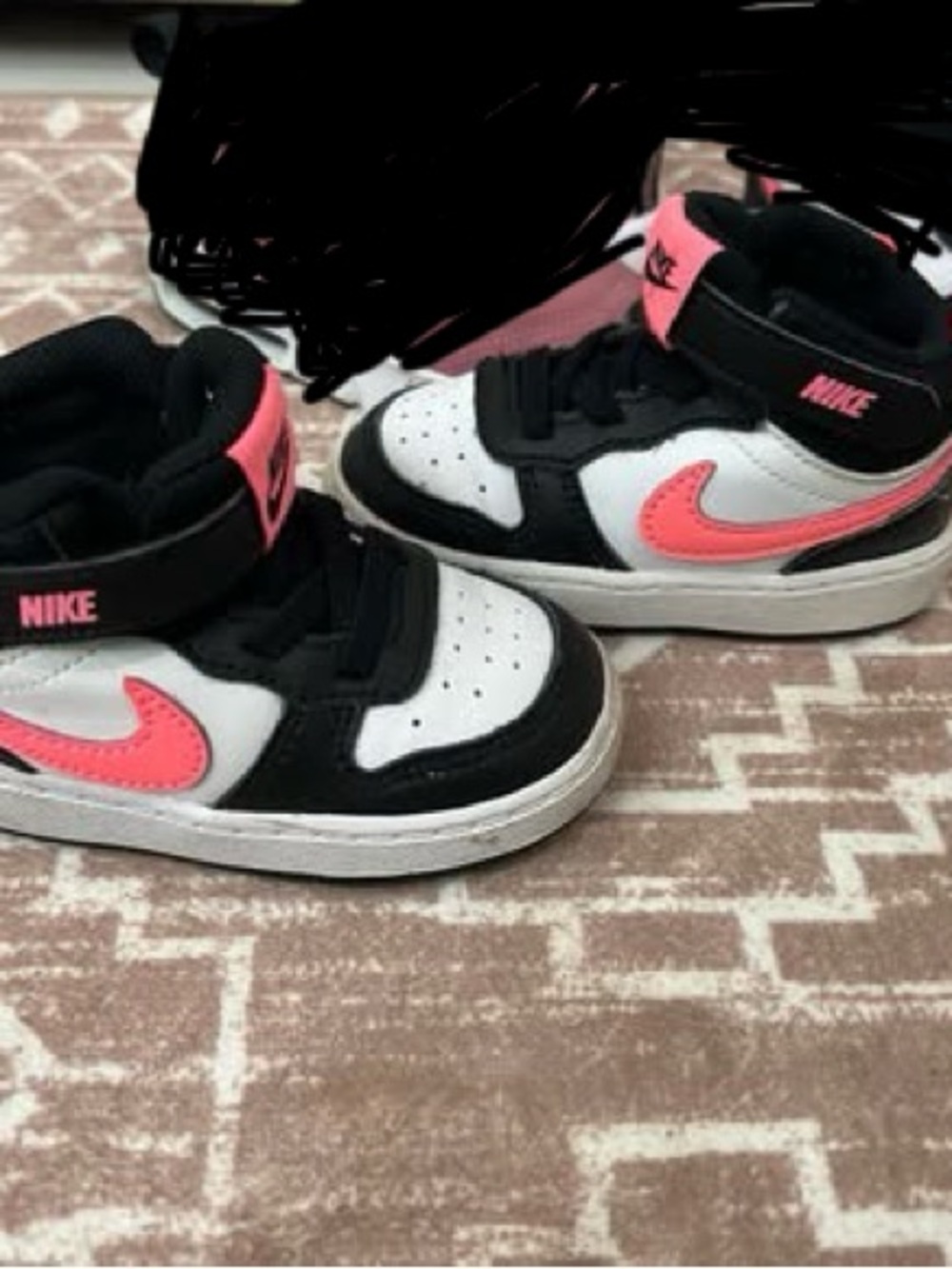Nike Kids High-Top Sneakers in Black White and Pink Coral Swoosh